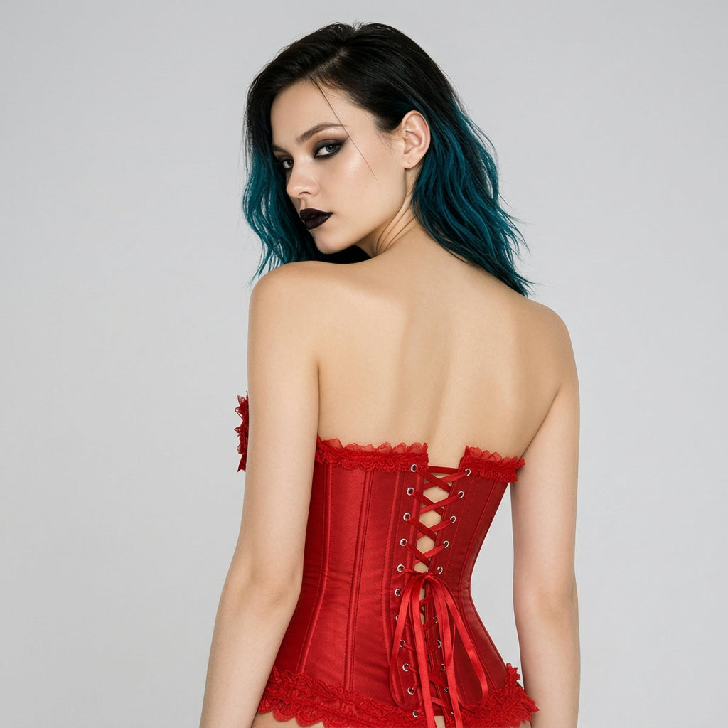 Red corset with lace trim and structured boning for a fitted silhouette.