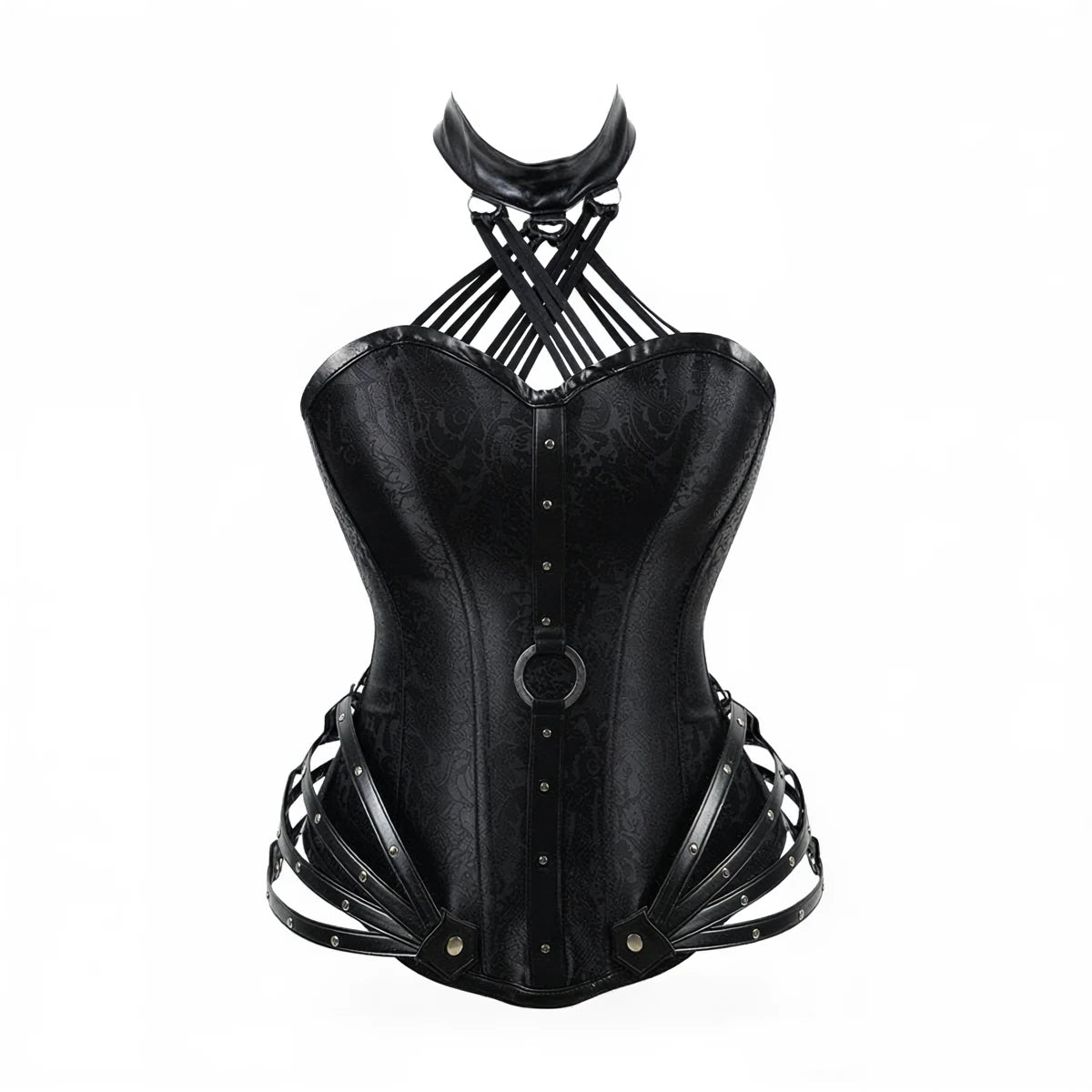 Black lace corset with leather straps and metal accents.
