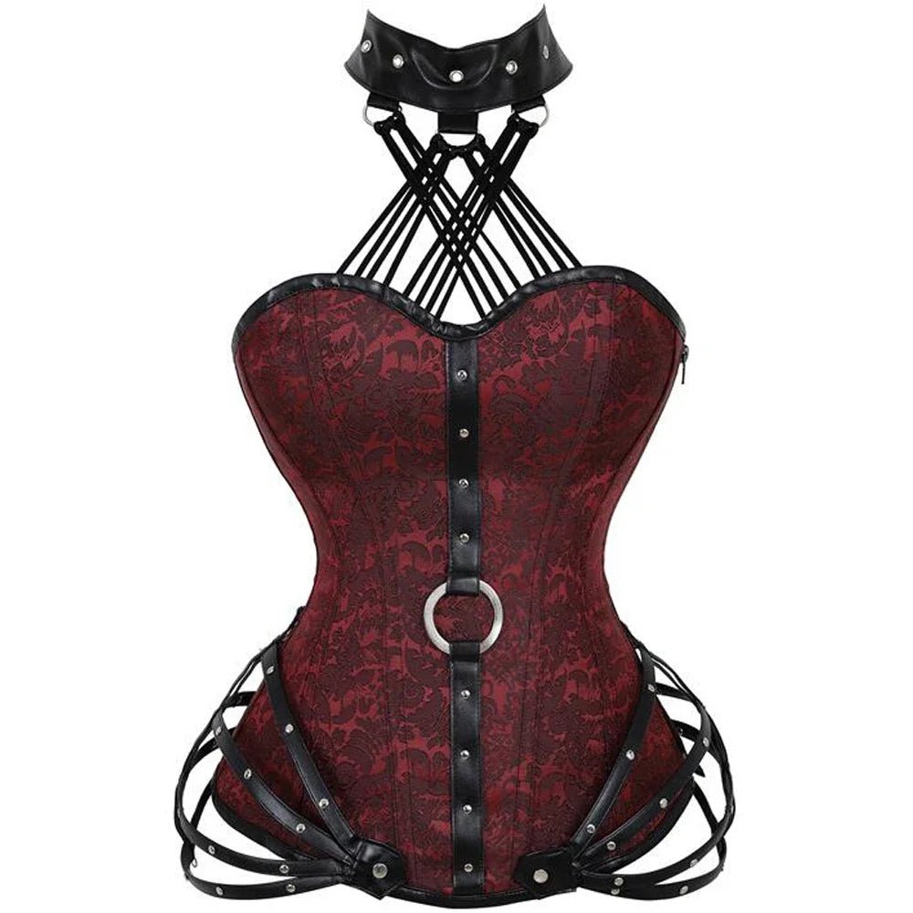 Red lace corset with black leather straps and metal ring accents.