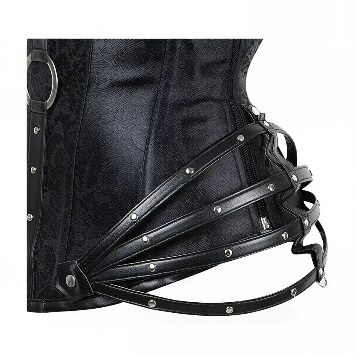 Black lace corset with leather straps and silver rivets.