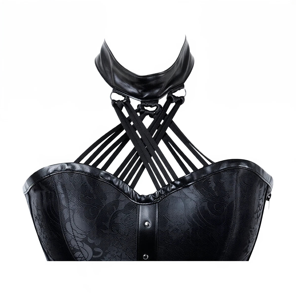 Black lace corset with leather collar and crisscross straps.