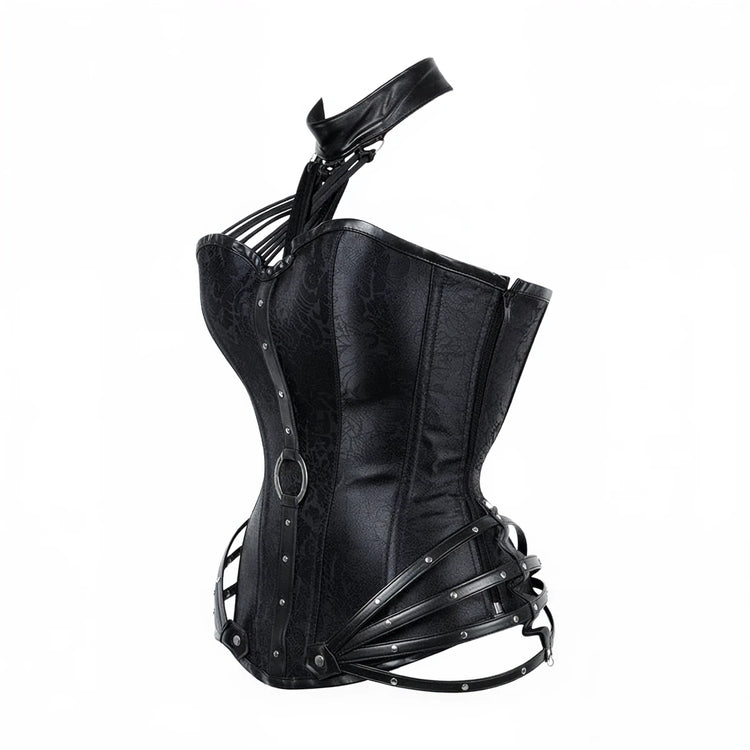 Black lace corset with leather straps and metal accents.