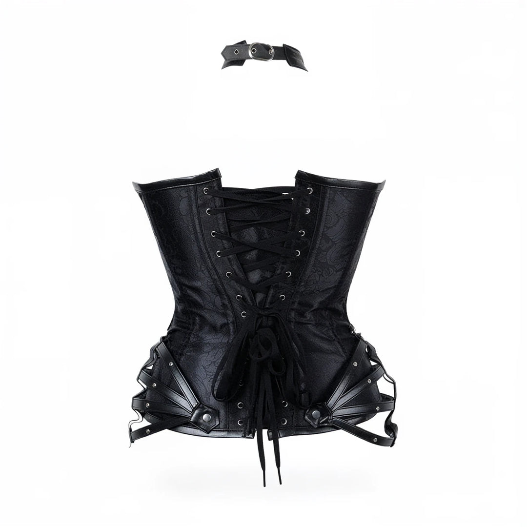 Black lace-up corset with leather accents and metal eyelets.