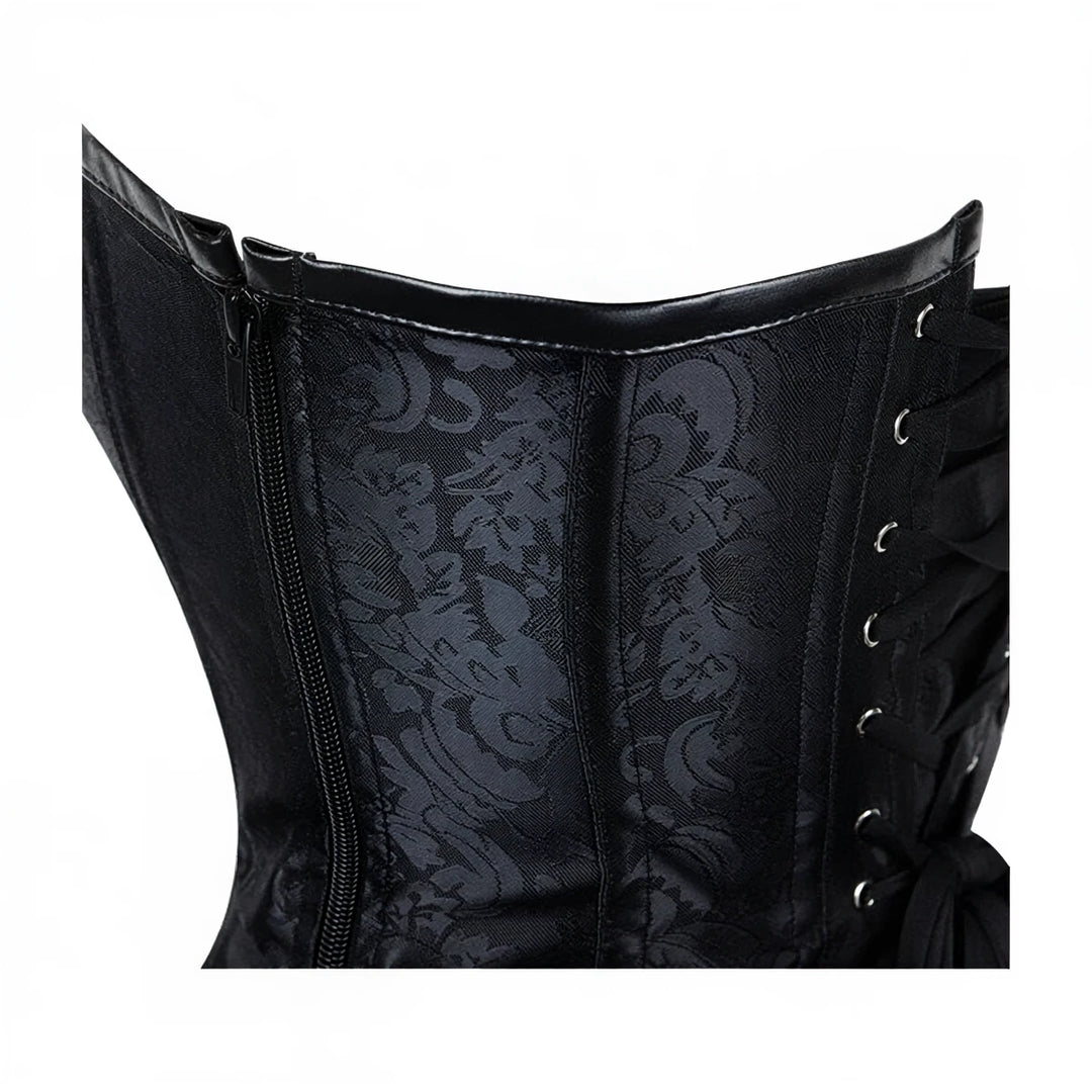 Black damask corset with lace-up back and front zipper closure.