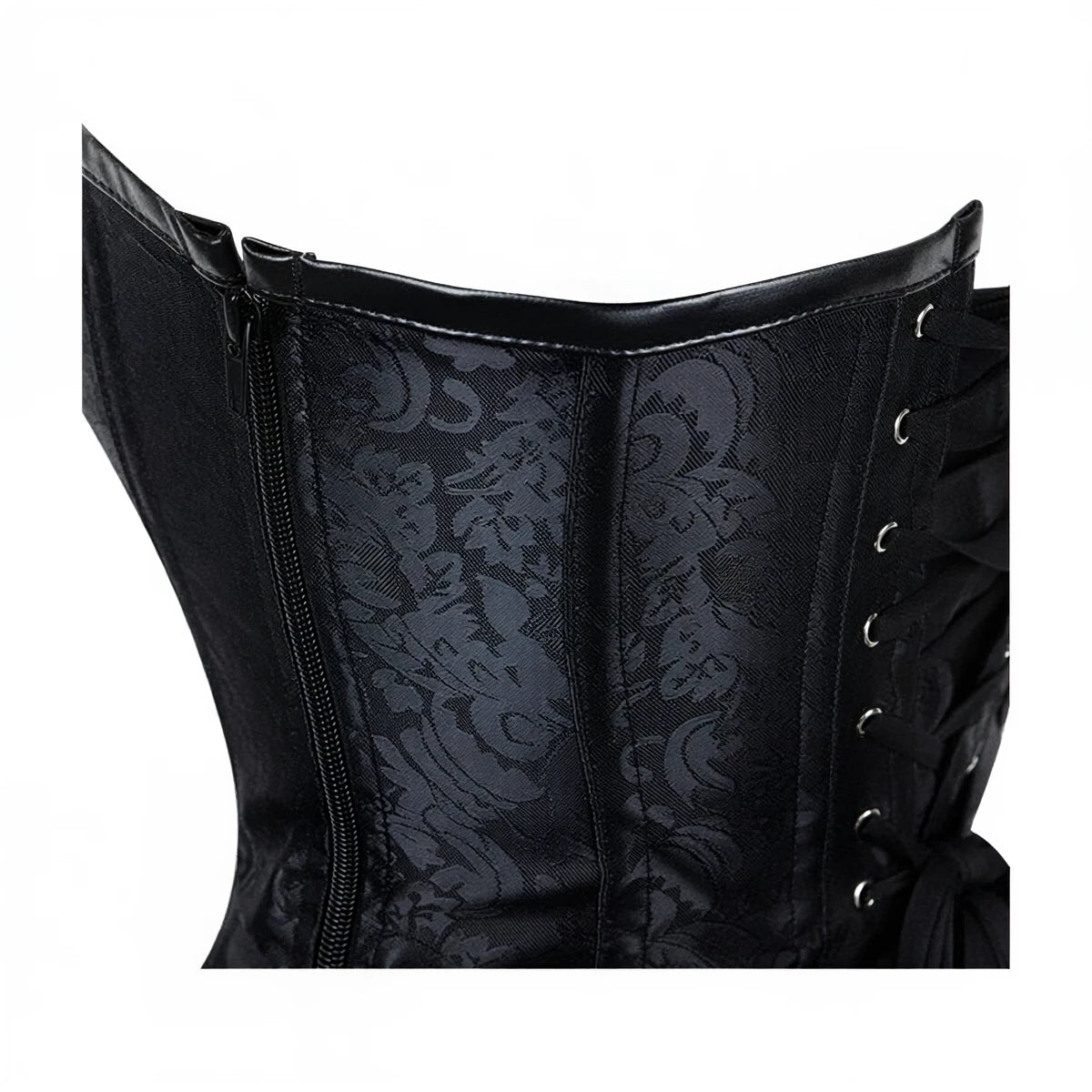 Black damask corset with lace-up back and front zipper closure.