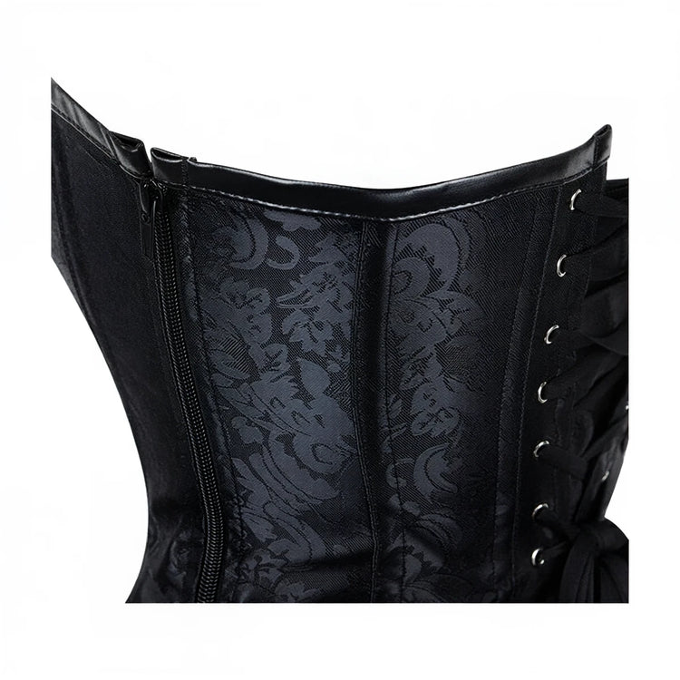 Black damask corset with lace-up back and front zipper closure.