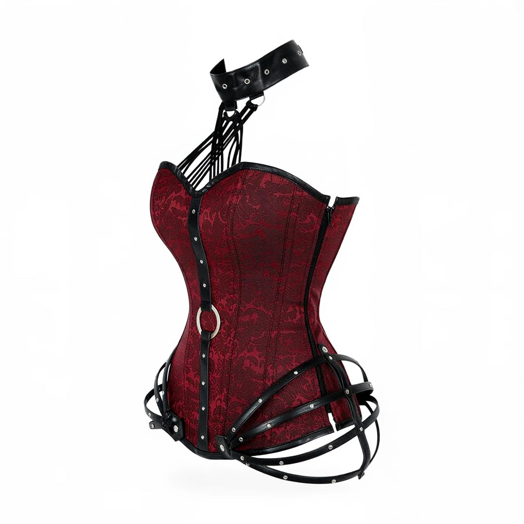 Red lace corset with black leather straps and metal accents.