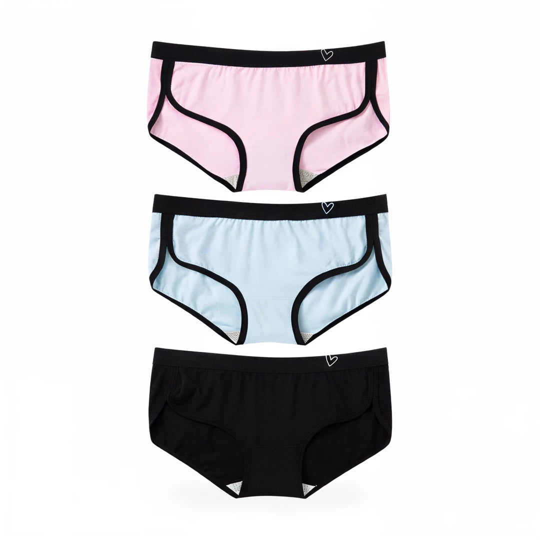 Low rise cuteness panties, three pack, soft cotton blend, black trim, heart logo.