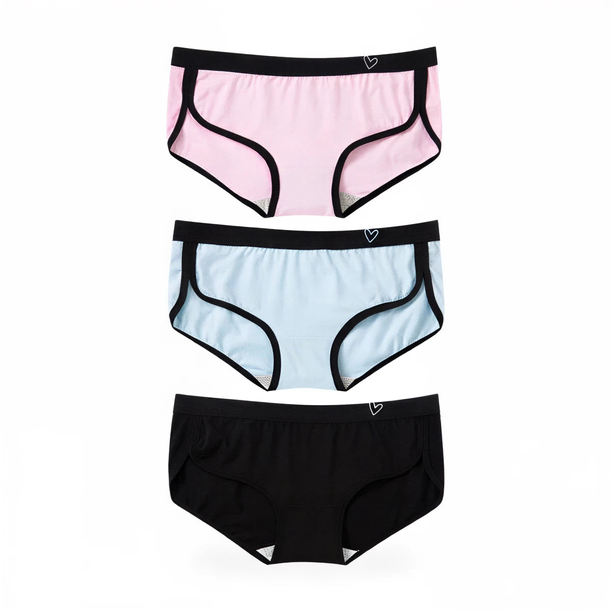 Low rise cuteness panties, three pack, soft cotton blend, black trim, heart logo.