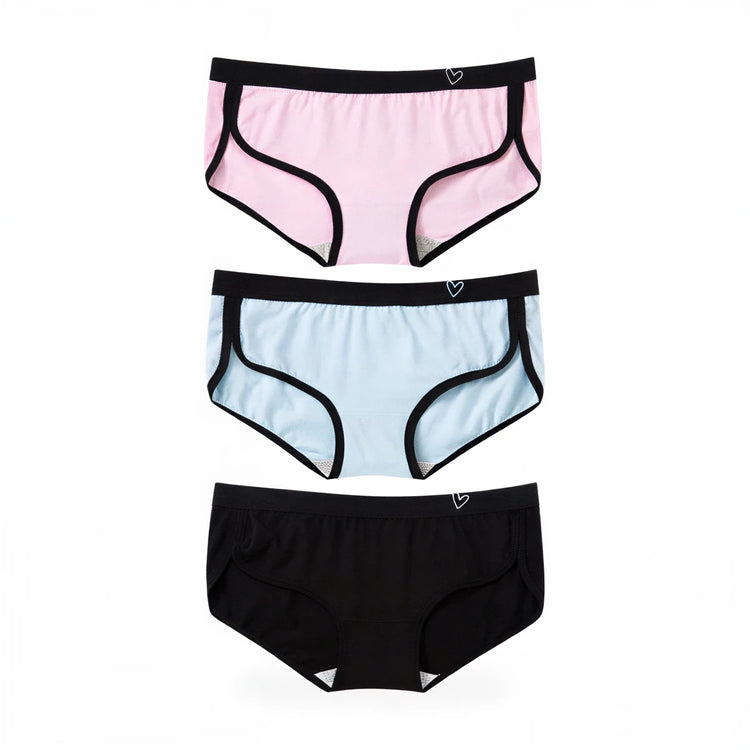 Low rise cuteness panties, three pack, soft cotton blend, black trim, heart logo.
