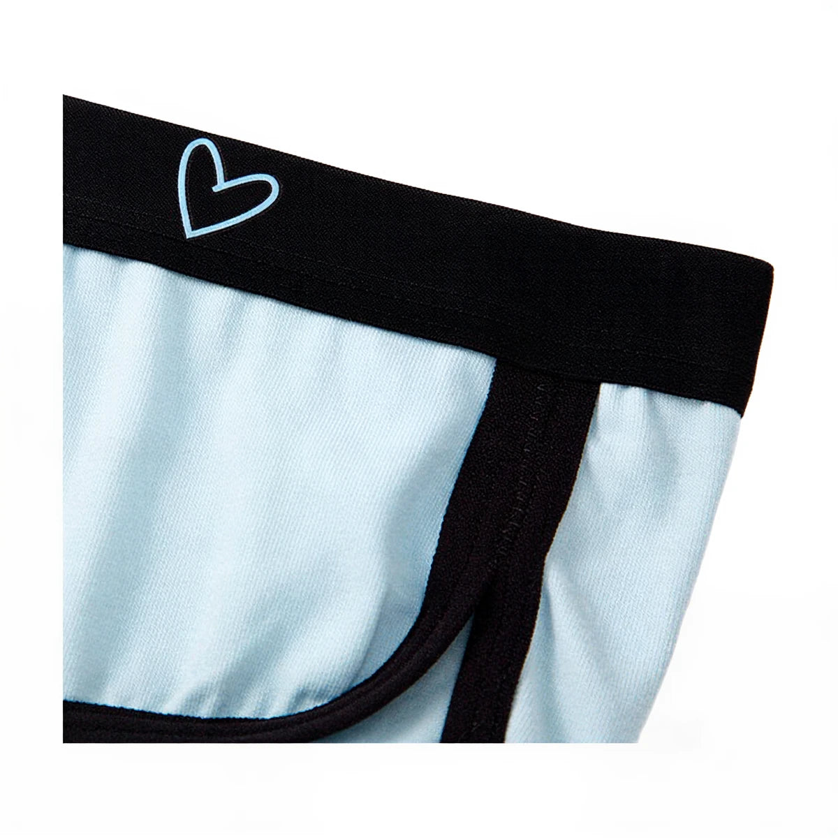 Low rise cuteness panties, light blue cotton, black waistband with heart detail.