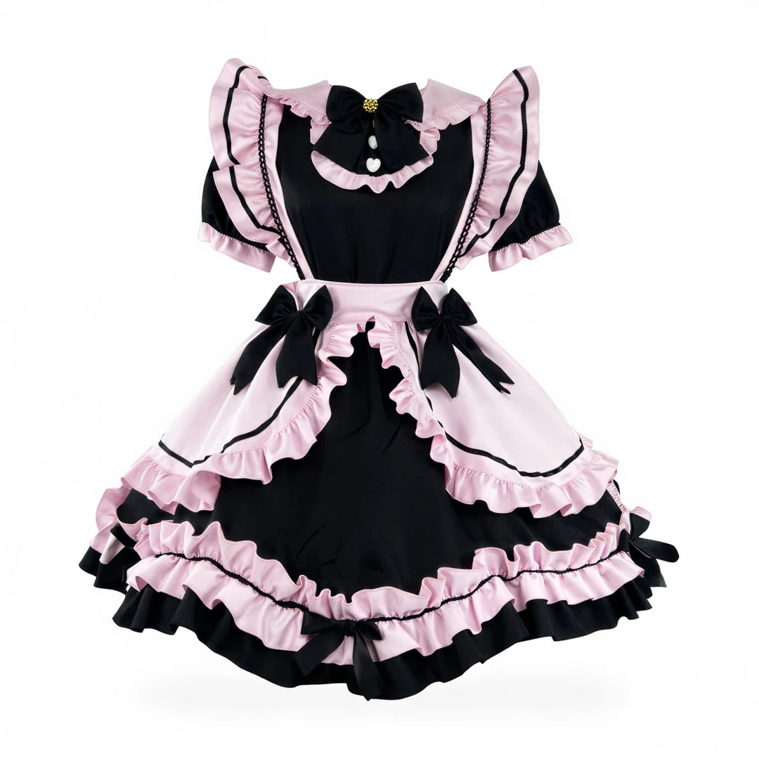Maid to Misbehave Dress: black and pink ruffled dress with bows and lace trim.