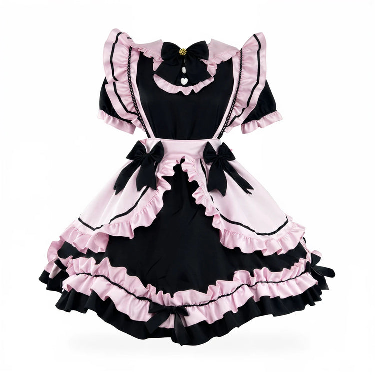 Maid to Misbehave Dress: black and pink ruffled dress with bows and lace trim.
