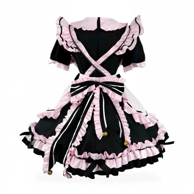 Black and pink maid dress with ruffles, bows, and gold bells.