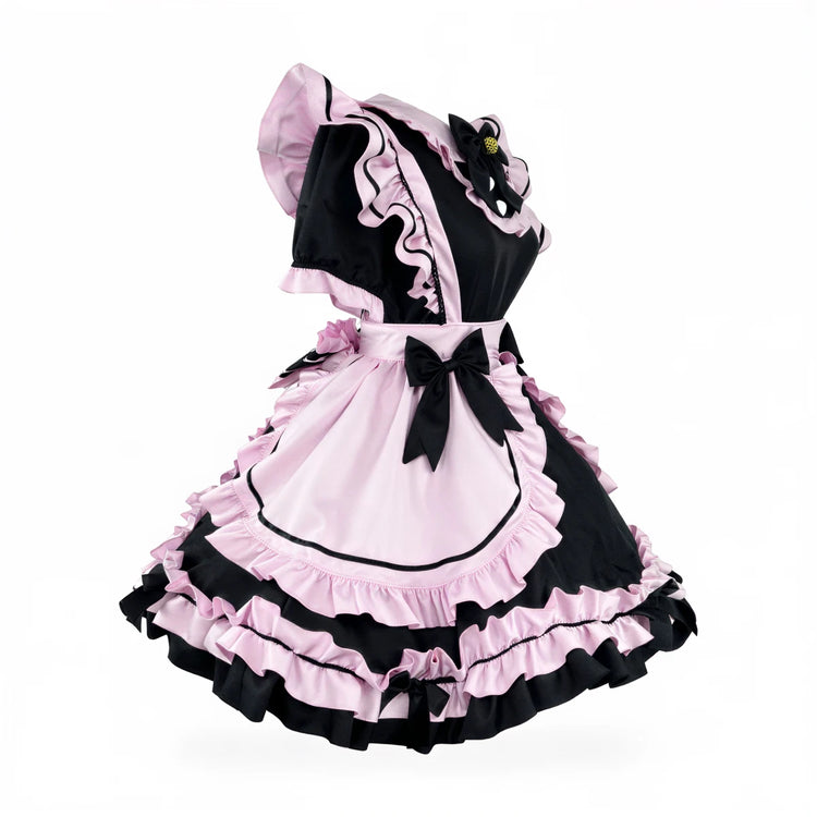 Maid to Misbehave Dress: black and pink ruffled dress with bow accents.