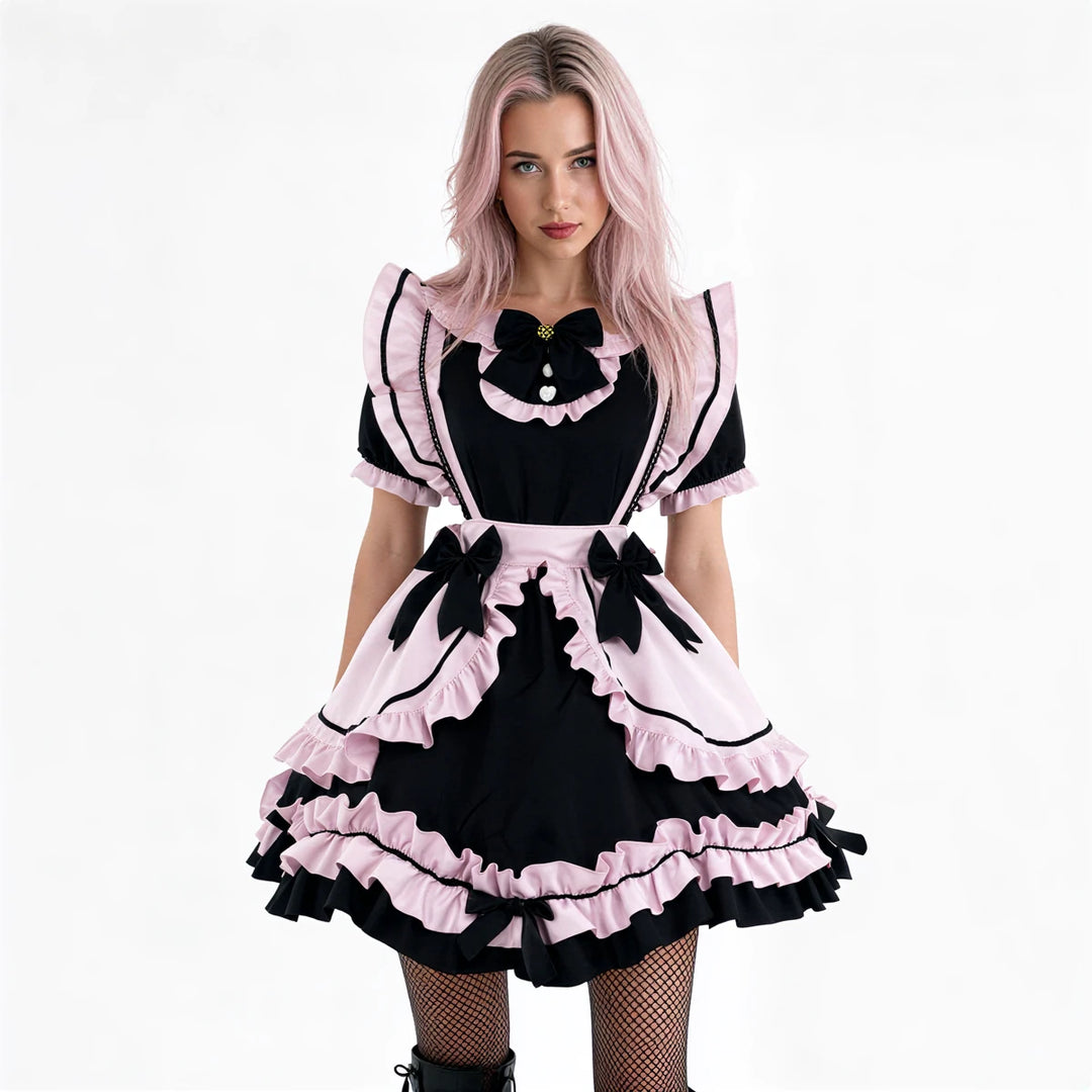 Black and pink maid dress with ruffles, bows, and lace trim.
