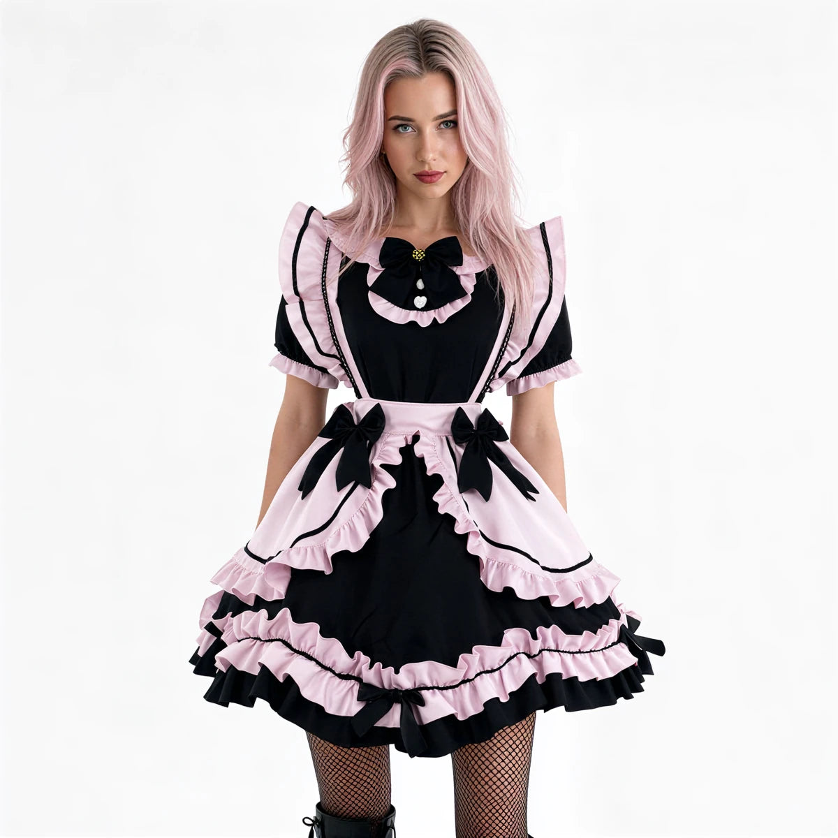 Black and pink maid dress with ruffles, bows, and lace trim.