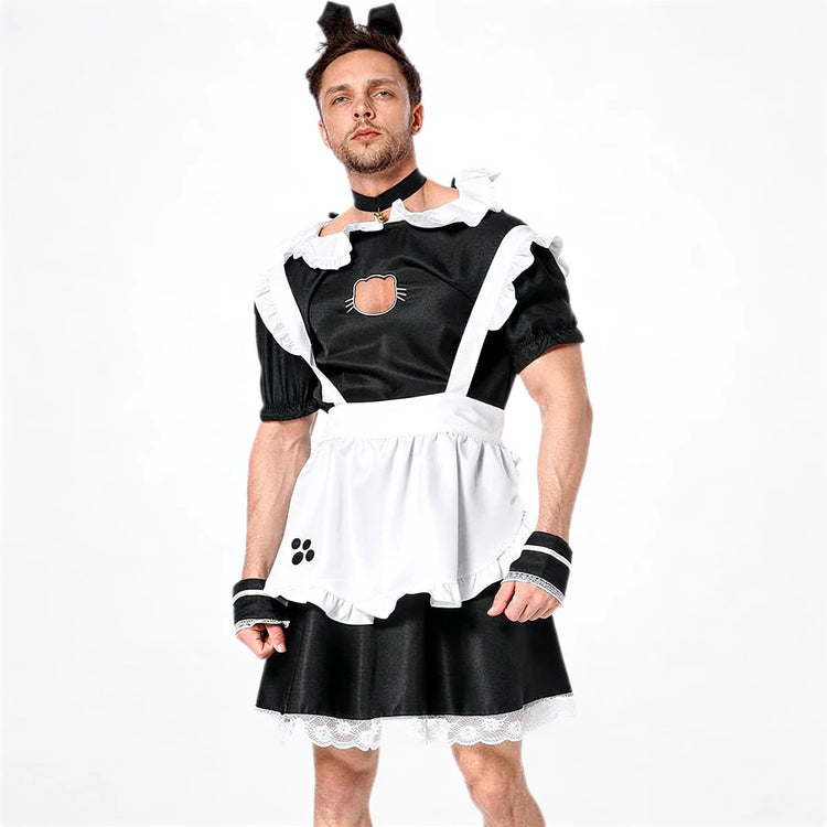 Men's French maid costume in black and white with lace trim and cat motif.