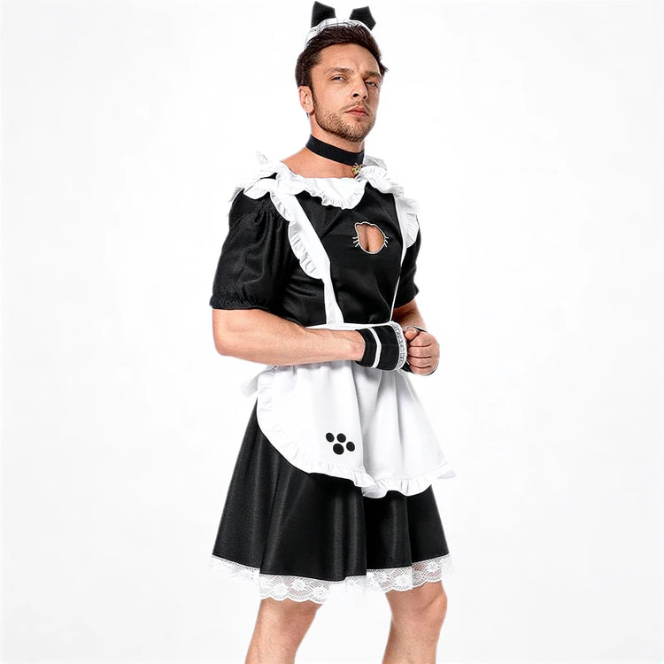 Men's French maid costume in black and white, satin with lace trim and paw print detail.