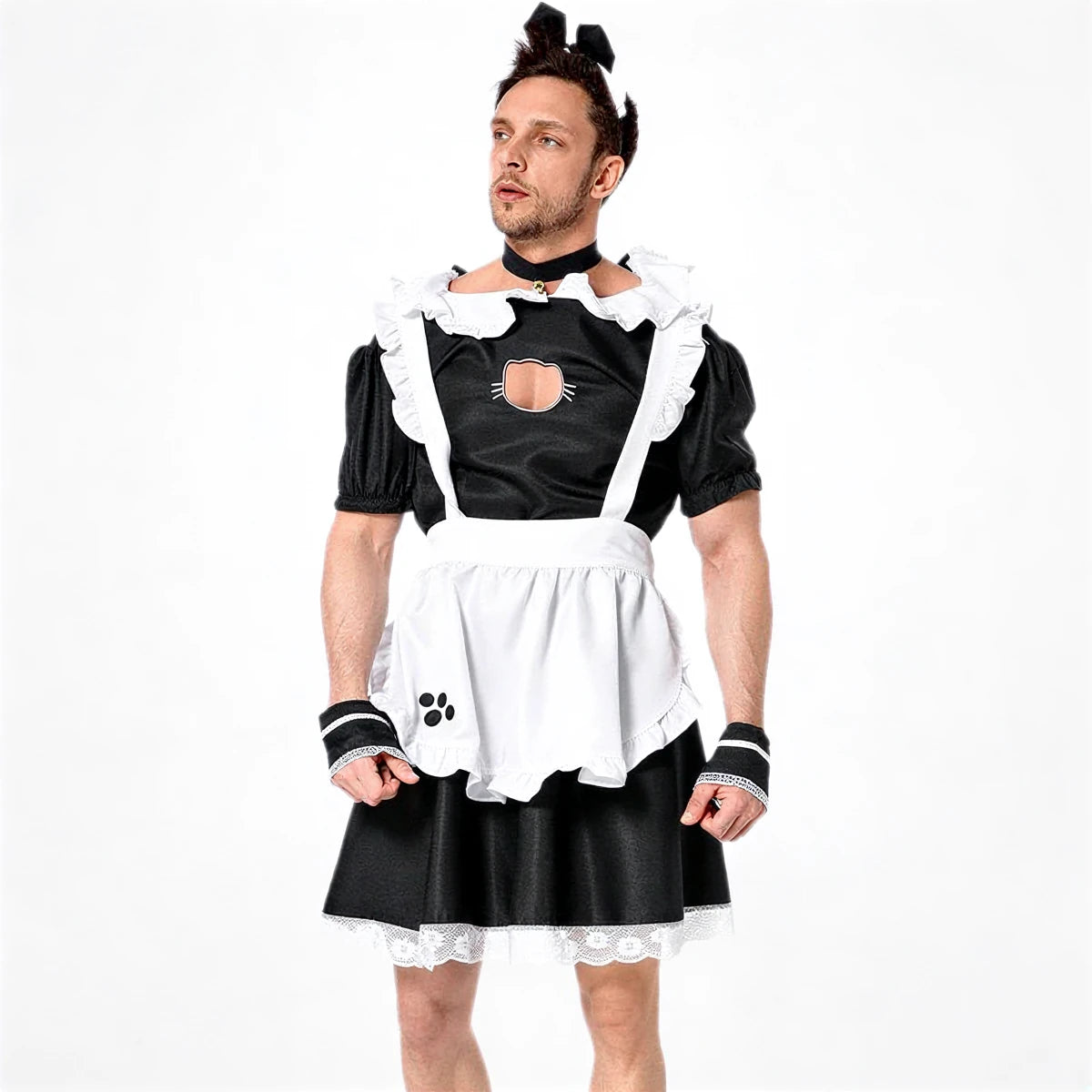 Men's French maid costume in black and white, lace-trimmed with paw print detail.