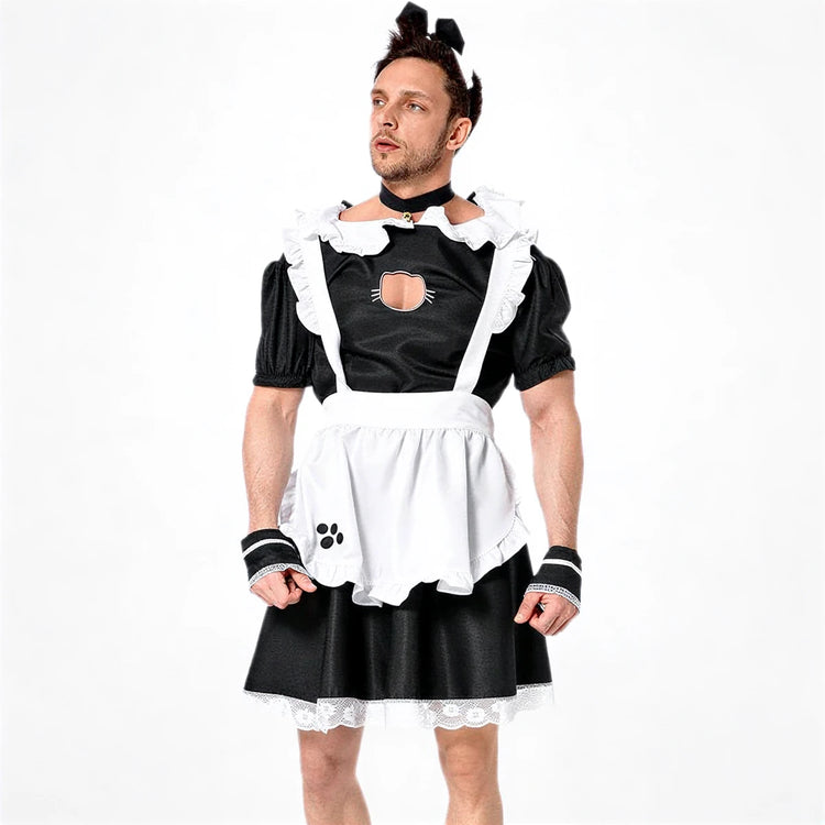 Men's French maid costume in black and white, lace-trimmed with paw print detail.