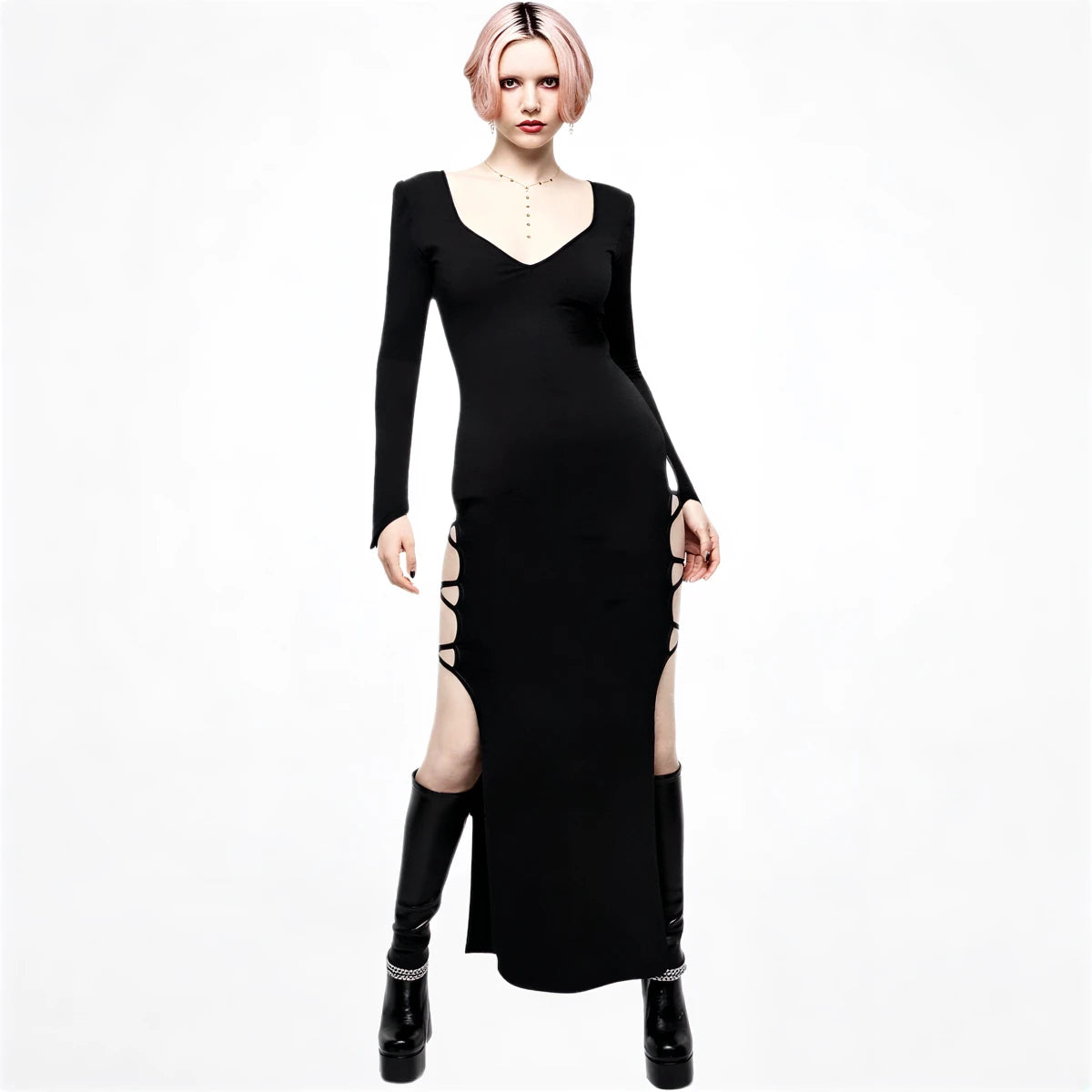 Black long-sleeve mermaid gown with side cutouts and lace-up details.