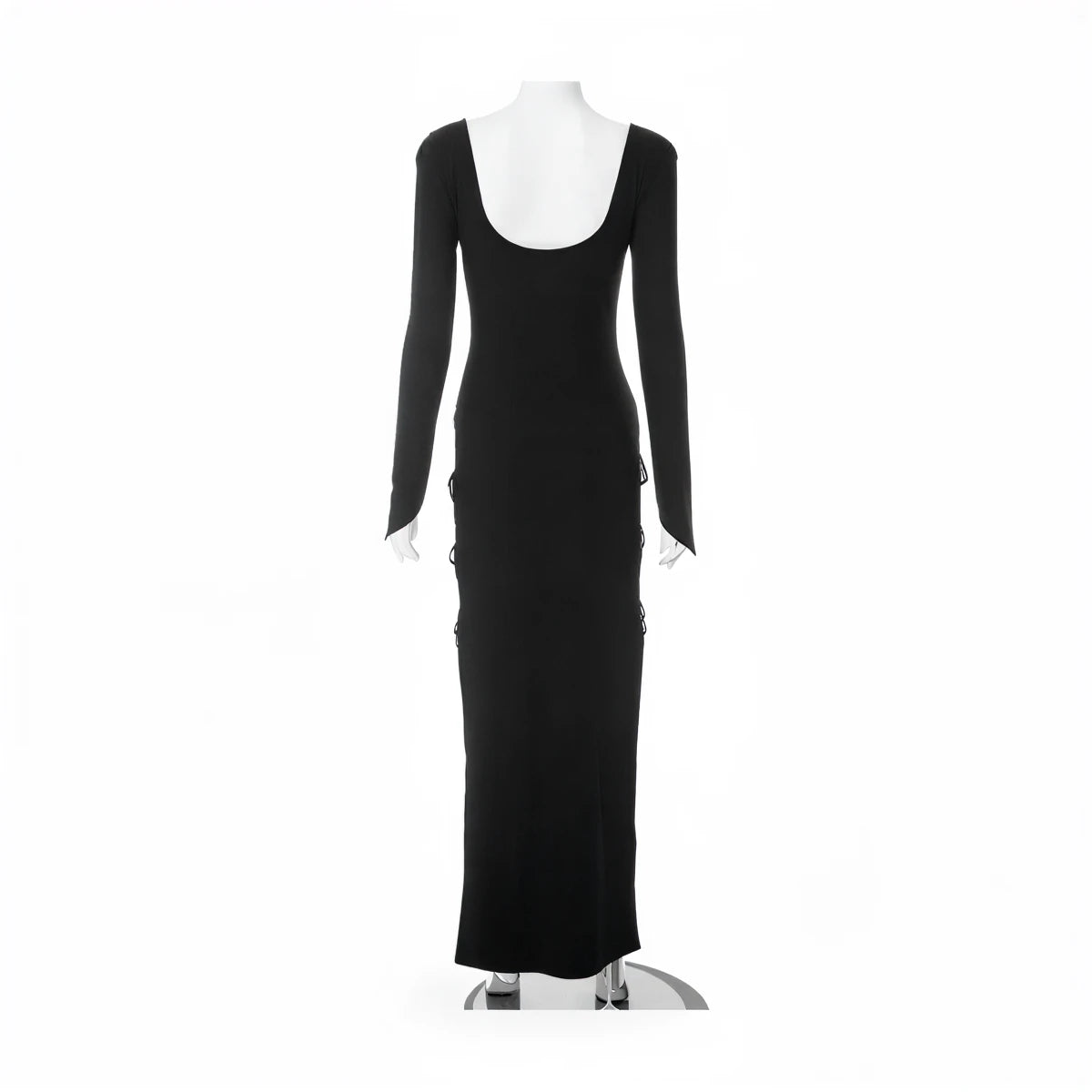 Black long-sleeve mermaid gown with side lacing and square neckline.