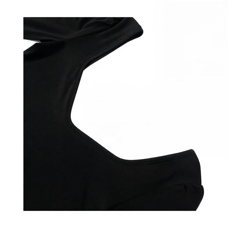 Black mermaid gown with cutout neckline and fitted silhouette.