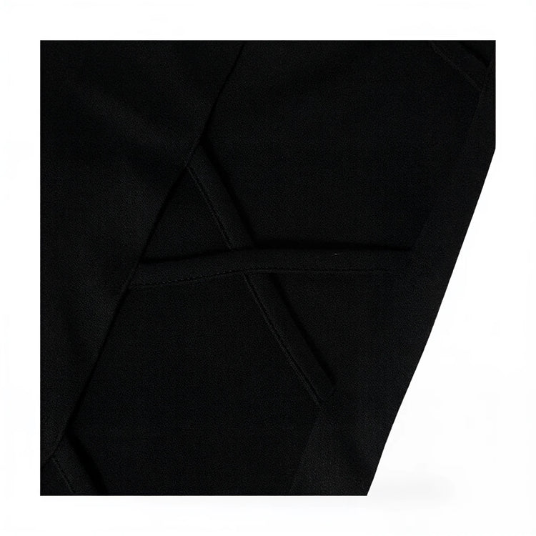 Midnight Mermaid Gown: black satin with geometric seam detailing.