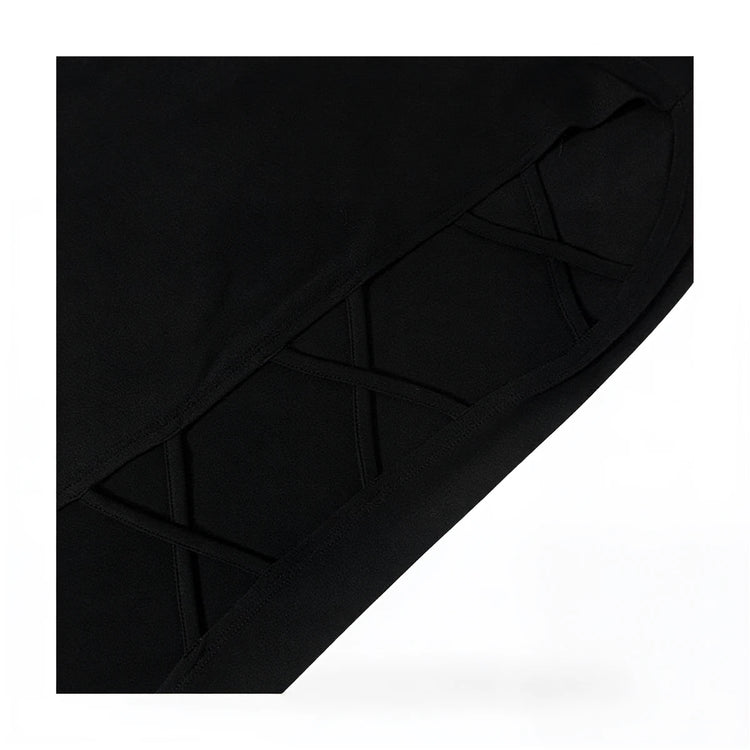 Black mermaid gown with crisscross back detailing.