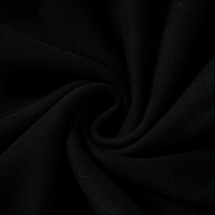 Midnight Mermaid Gown: black, flowing fabric with subtle sheen and elegant drape.
