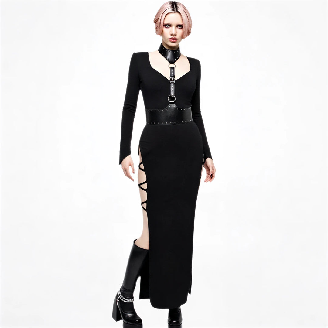Black satin midnight mermaid gown with lace-up side slit and studded belt.