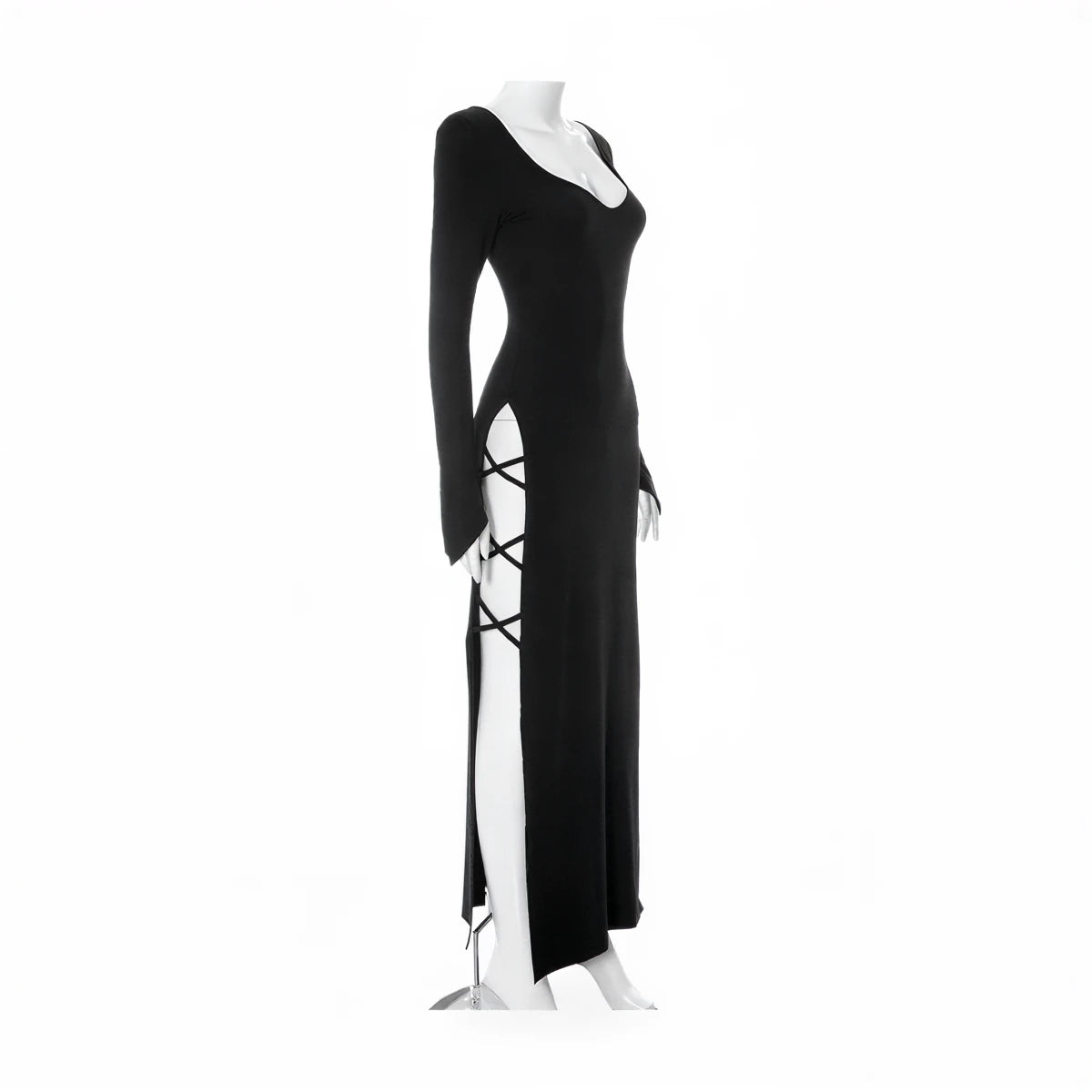 Black long-sleeve mermaid gown with side slit and lace-up detail.
