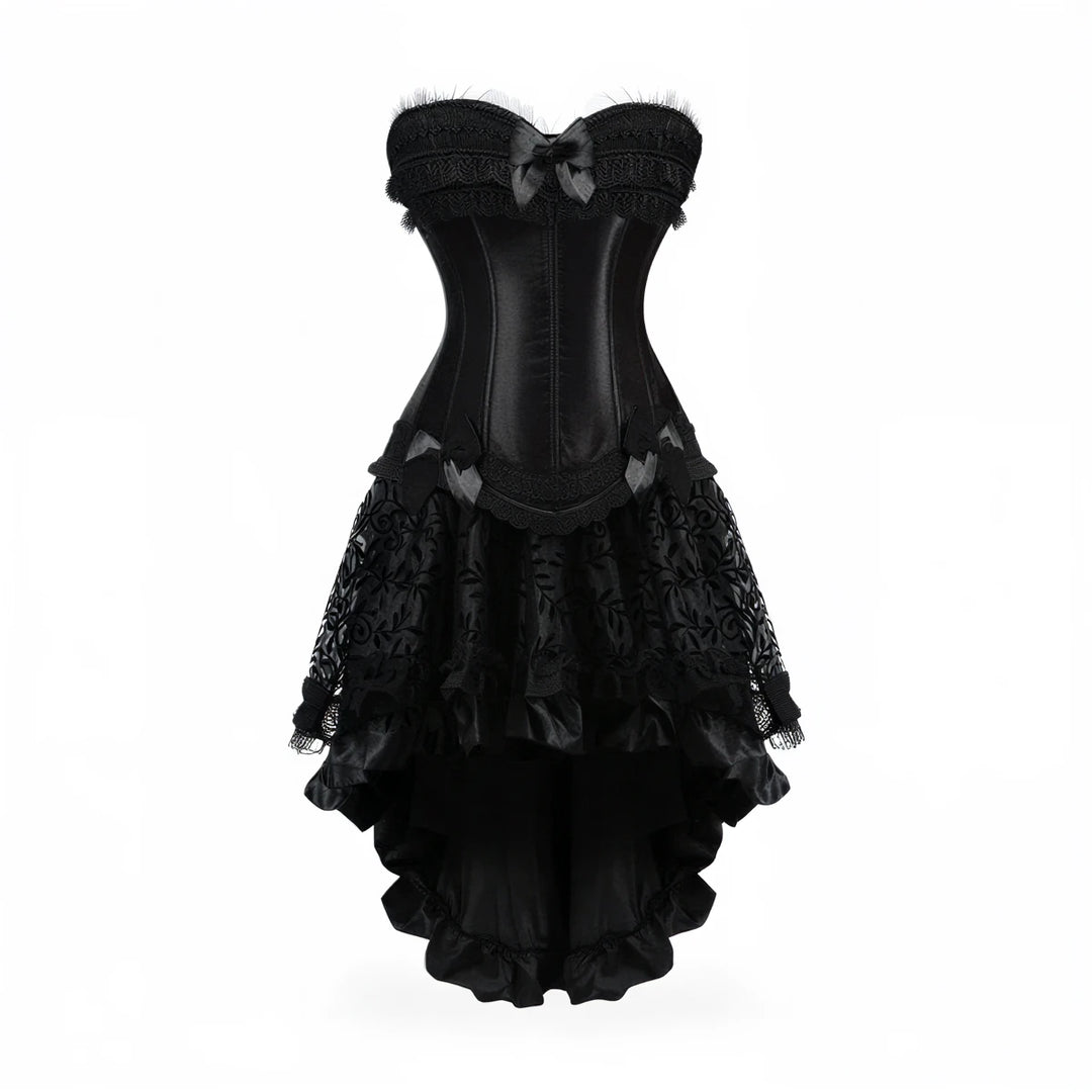 Black corset dress with lace ruffles and bow detailing.
