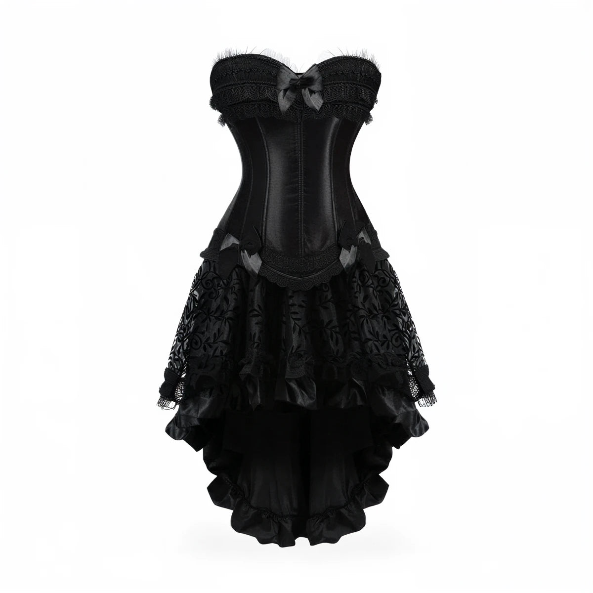 Black corset dress with lace ruffles and bow detailing.