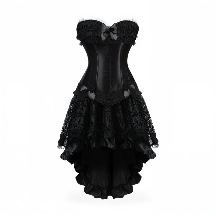 Black corset dress with lace ruffles and bow detailing.