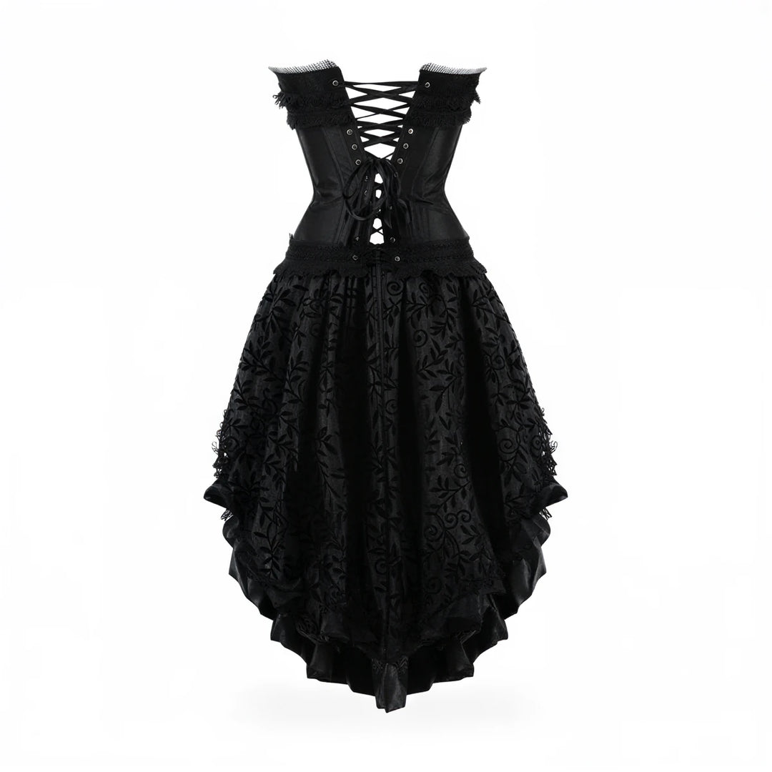 Black corset dress with lace-up back and layered floral skirt.