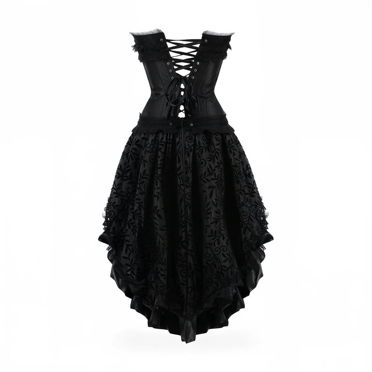 Black corset dress with lace-up back and layered floral skirt.