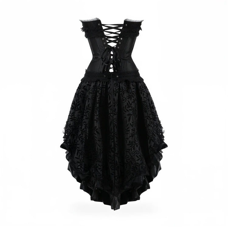 Black corset dress with lace-up back and layered floral skirt.
