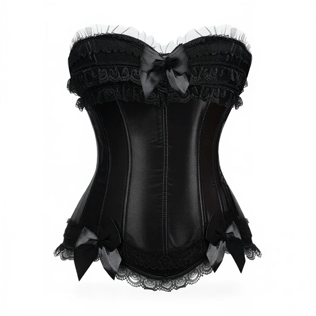 Black satin corset with lace trim and bow accents.