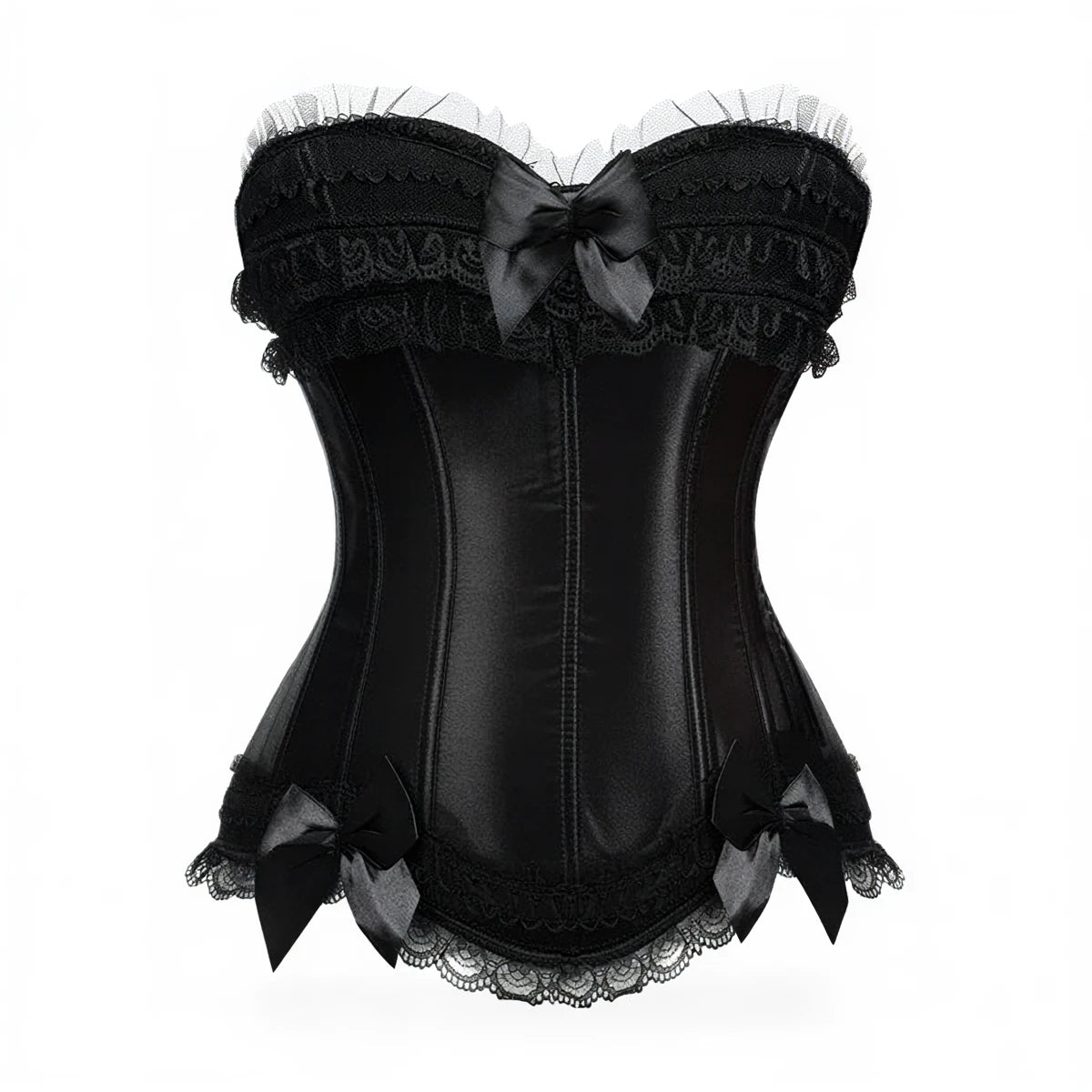 Black satin corset with lace trim and bow accents.