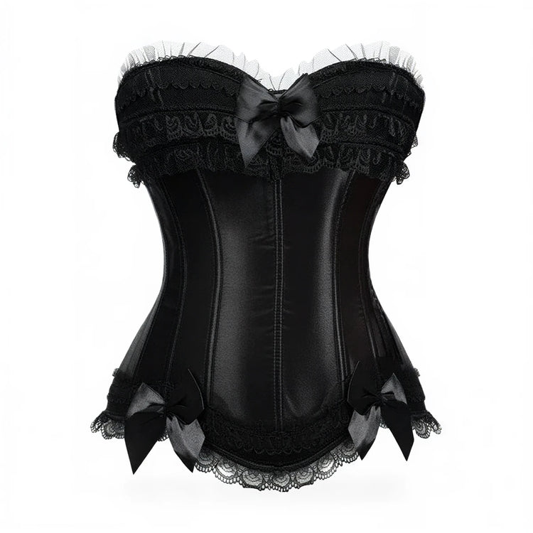 Black satin corset with lace trim and bow accents.