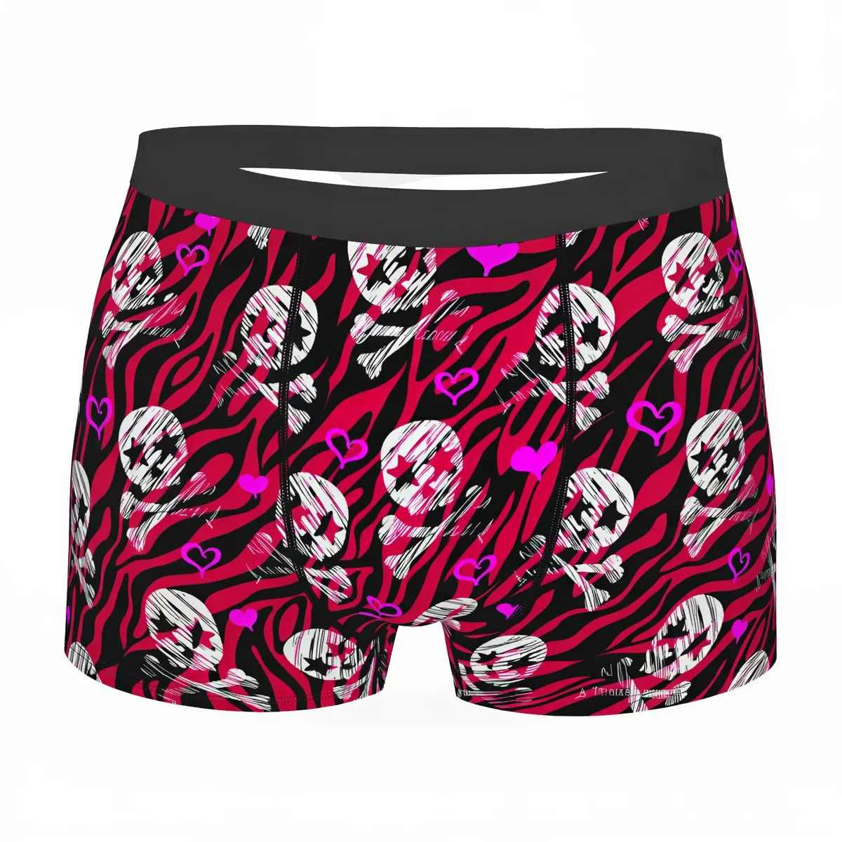 Morbid Life Briefs: pink black zebra print with skull and heart motifs.