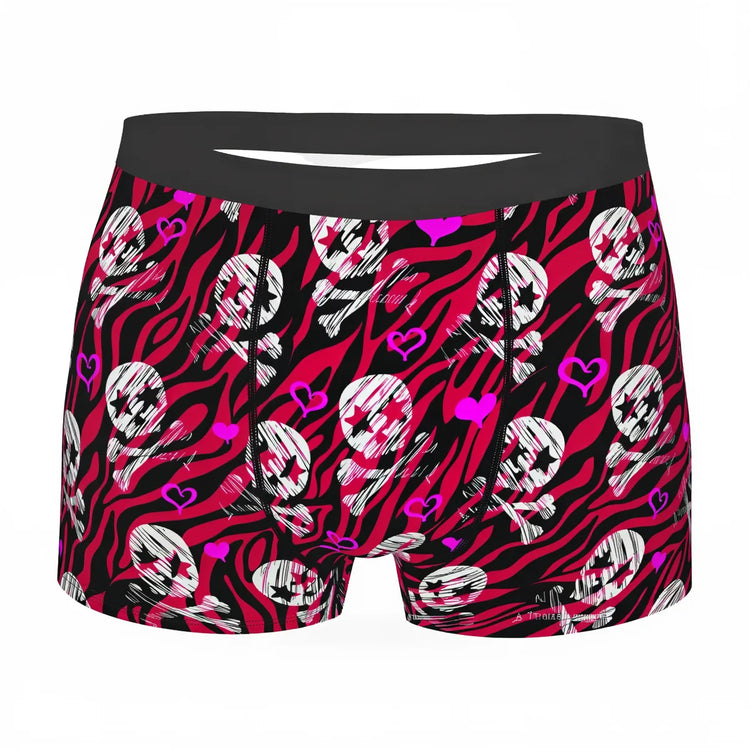 Morbid Life Briefs: pink black zebra print with skull and heart motifs.