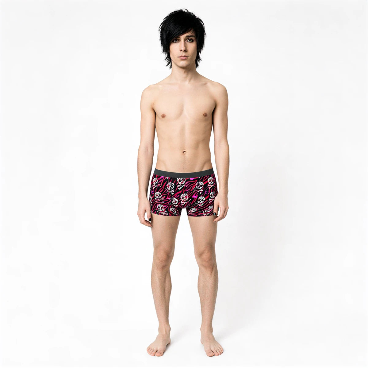 Morbid Life Briefs: pink and black skull patterned underwear with elastic waistband.