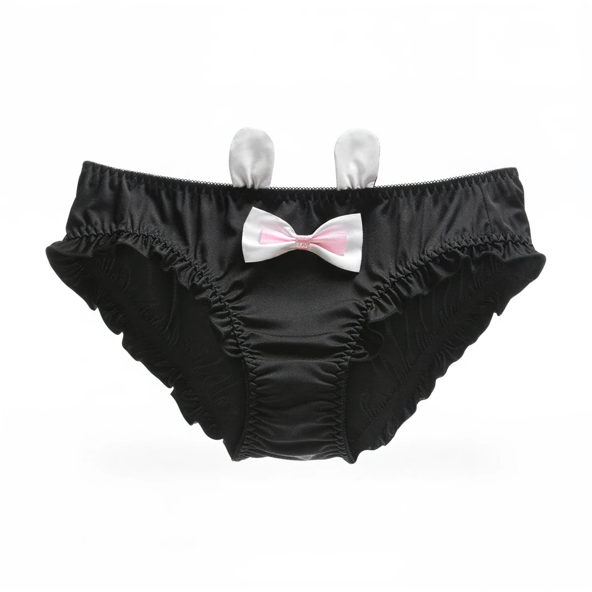 Black satin bunny undies with white ears and pink bow.