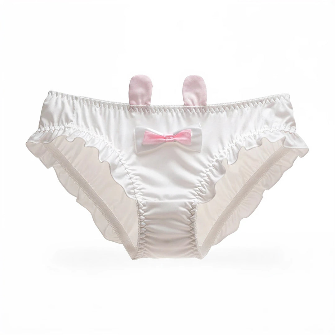White bunny-themed underwear with pink bow and ears, ruffled edges.