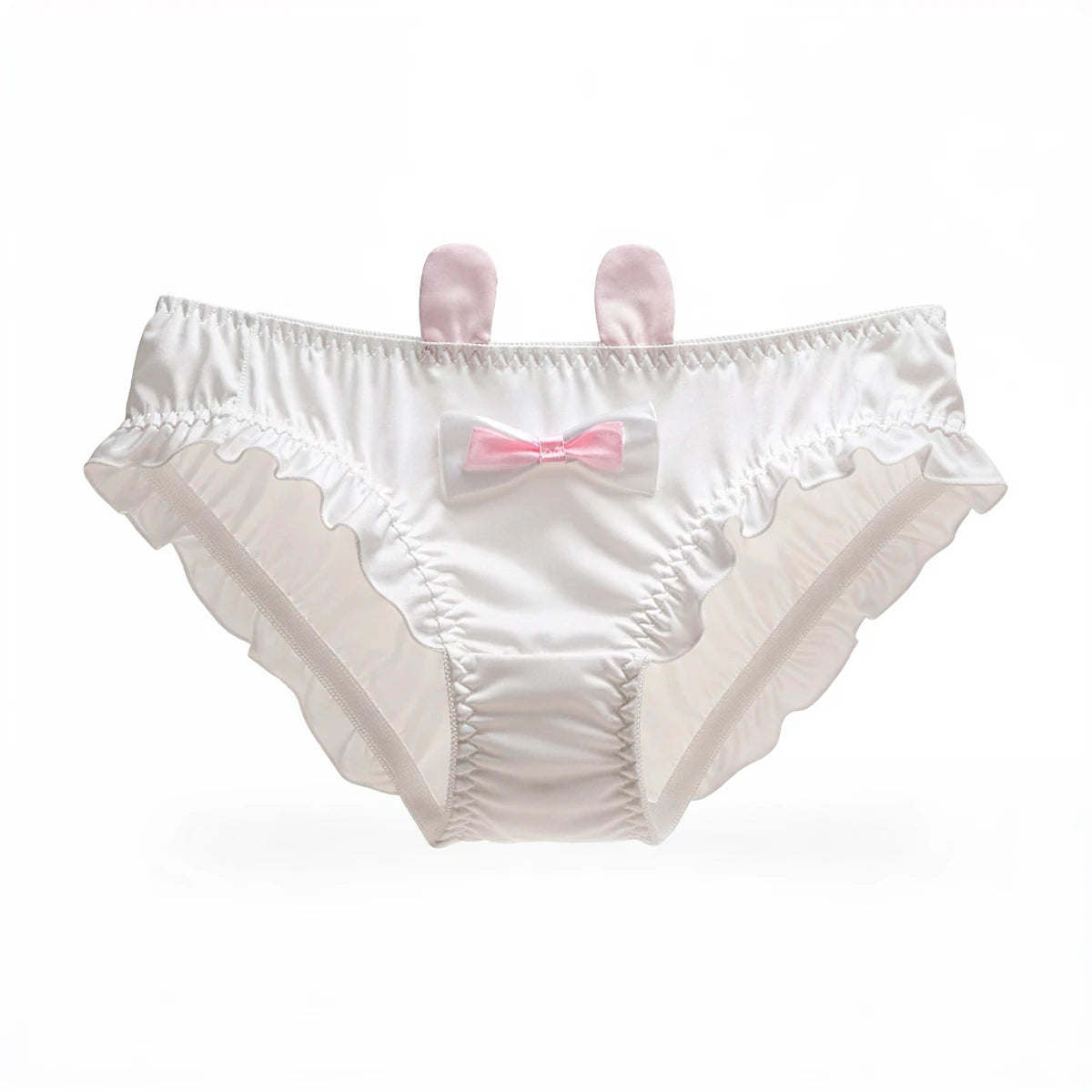 White bunny-themed underwear with pink bow and ears, ruffled edges.