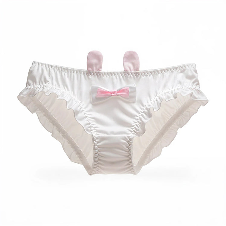 White bunny-themed underwear with pink bow and ears, ruffled edges.