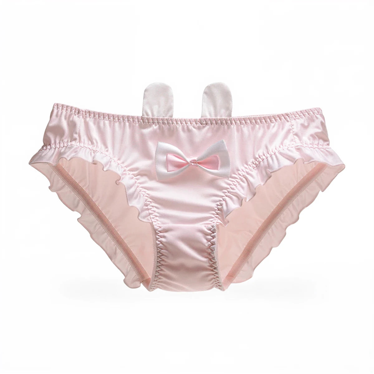 Pink satin bunny undies with bow and ears, ruffled edges.